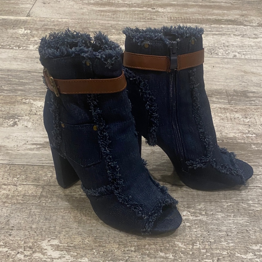 Forever 21 Frayed Denim Ankle Boots with Brown Strap